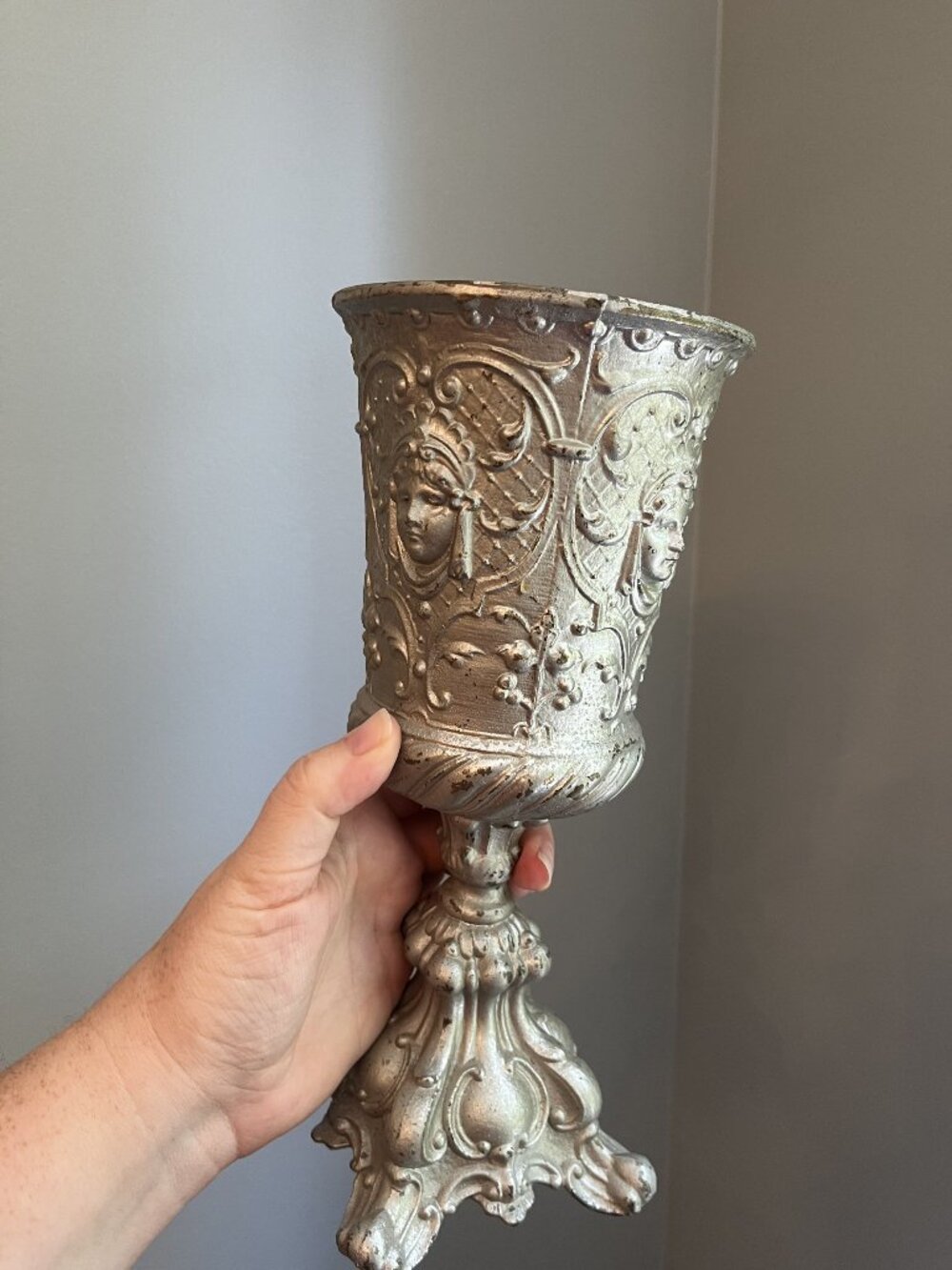 Vintage Italian Rococo-Style Embossed Metal Chalice Vase With Cherub & Scroll Mo